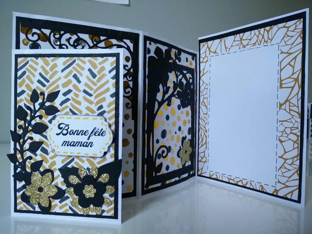 réalisation du carte à quatre plis à l'occasion de la fête des mères en coloris doré et noir